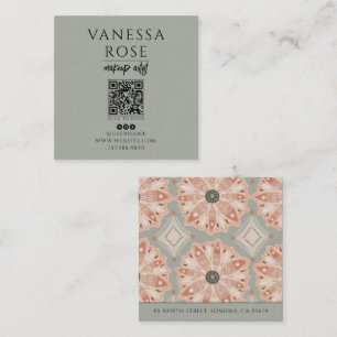 Carte De Visite Carré Code QR de beauté florale corail gris vert