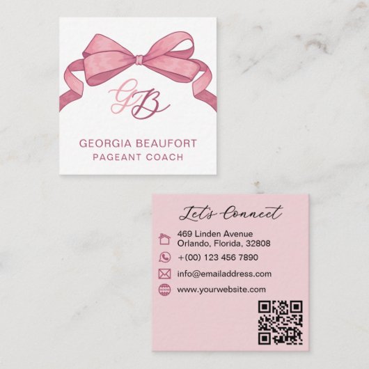 Carte De Visite Carré Code QR de beauté monogramme à ruban rose Coquette (Devant / Derrière)