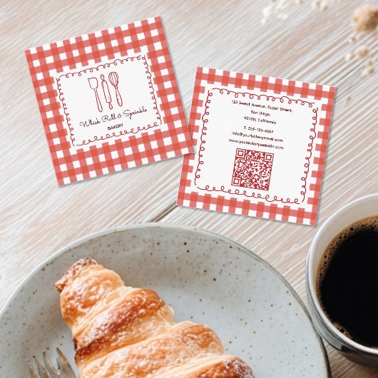 Carte De Visite Carré Code QR de boulangerie Gingham Rustique Fermière