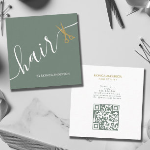 Carte De Visite Carré Code QR de ciseaux de script de cheveux en or vert