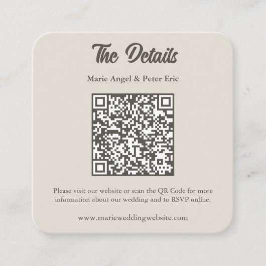 Carte De Visite Carré Code QR de détails de mariage à monogramme neutre (Devant)