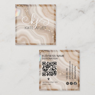 Carte De Visite Carré Code QR de monogramme beige et or à l'aquarelle mo