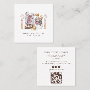 Carte De Visite Carré Code QR de pâtissier artisan aquarelle Dessert Tra