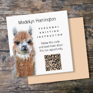 Carte De Visite Carré Code QR de professeur de tricot de lama
