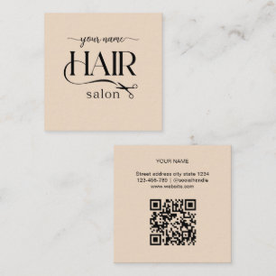 Carte De Visite Carré Code QR de salon de coiffure Script Ciseaux Beige