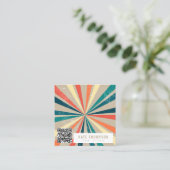 Carte De Visite Carré Code QR de Sunburst Arc-en-ciel rétro coloré (Debout devant)