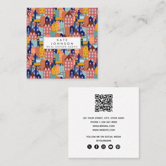 Carte De Visite Carré Code QR des maisons de quartier de ville (Devant / Derrière)