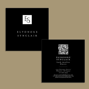 Carte De Visite Carré Code QR du logo du studio de cils Black White Scri