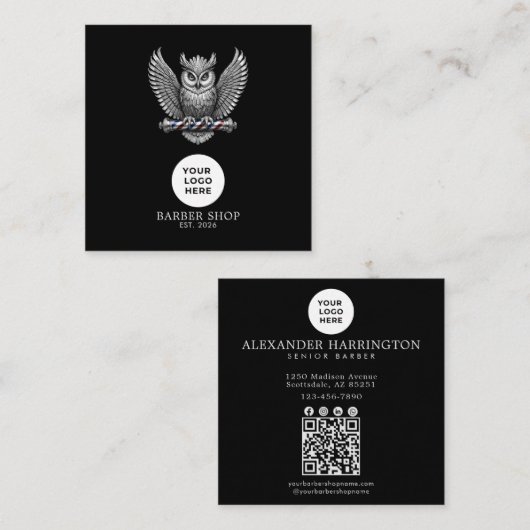 Carte De Visite Carré Code QR du logo professionnel Silver Owl Barber Sh (Devant / Derrière)