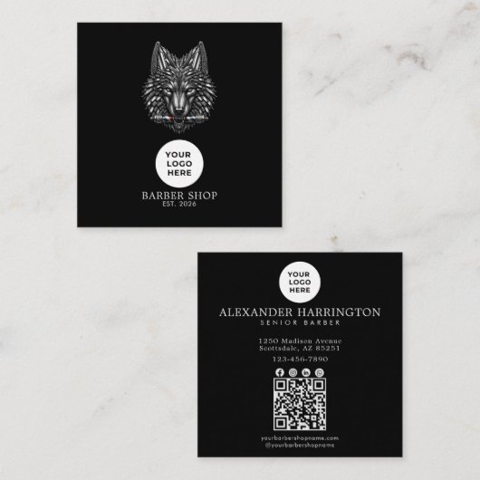 Carte De Visite Carré Code QR du logo professionnel Silver Wolf Barbersh (Devant / Derrière)