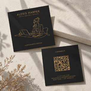 Carte De Visite Carré Code QR Femme Art en Ligne Or Noir Minimaliste