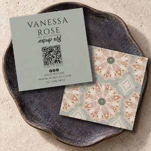 Carte De Visite Carré Code QR Fleur de Corail Vert Gris Beauté