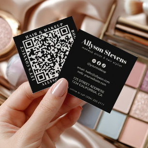 Carte De Visite Carré Code QR gras blanc sur noir moderne pour Coiffure