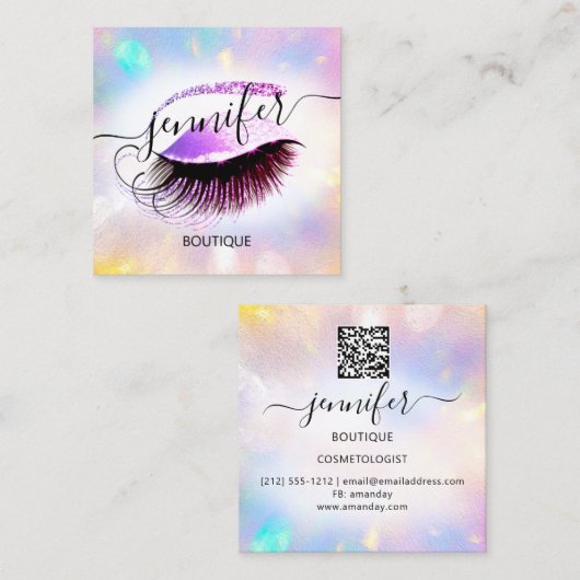 Carte De Visite Carré Code QR Holographique rose (Devant / Derrière)