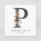 Carte De Visite Carré Code QR initial du Fleur sauvage Boho (Devant)