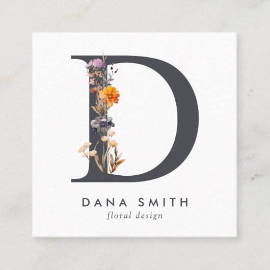 Carte De Visite Carré Code QR initial du Fleur sauvage Boho (Devant)