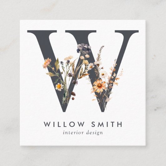 Carte De Visite Carré Code QR initial du Fleur sauvage Boho (Devant)