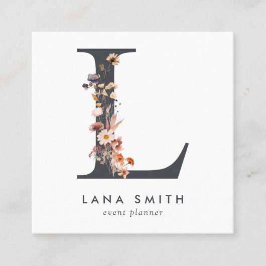 Carte De Visite Carré Code QR initial du Fleur sauvage Boho (Devant)