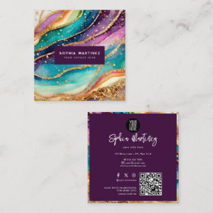 Carte De Visite Carré Code QR & Logo Élégant Agate arc-en-ciel paillette
