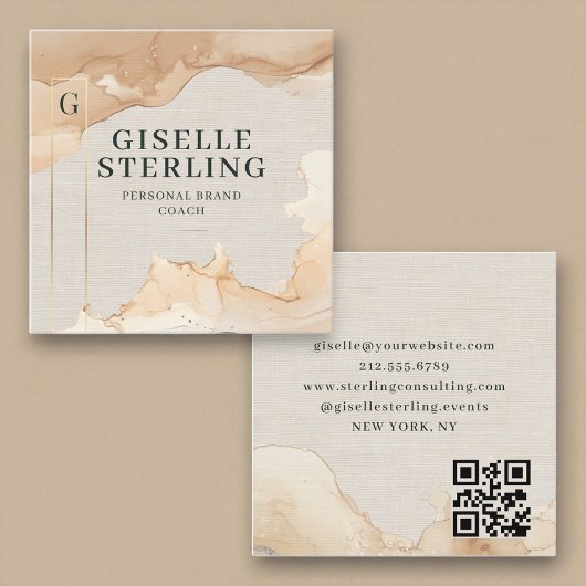 Carte De Visite Carré Code QR Luxe Lin Aquarelle Feuille d'Or