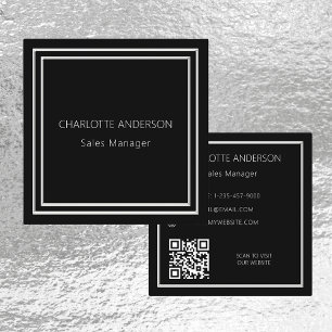 Carte De Visite Carré Code QR minimaliste noir argent élégant