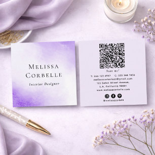 Carte De Visite Carré Code QR Moderne Aquarelle Abstraite Violet & Blanc