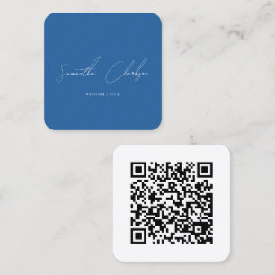 Carte De Visite Carré Code QR Moderne Minimaliste Bleu Écriture Manuscri
