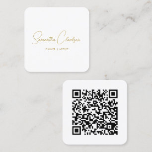 Carte De Visite Carré Code QR Moderne Minimaliste Manuscrit Doré Cursif