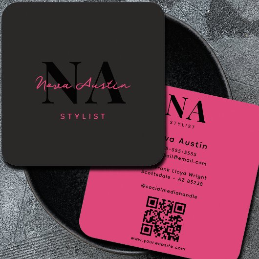 Carte De Visite Carré Code QR Monogram Luxe Tendance Esthétique Rose Cha