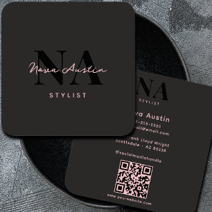 Carte De Visite Carré Code QR Monogram Luxe Tendance Esthétique Rose Noi