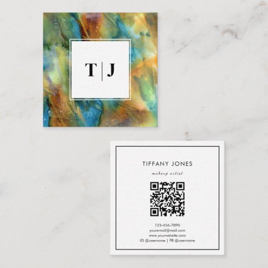 Carte De Visite Carré Code QR Monogramme Abstrait Aquarelle Marron Moder (Devant / Derrière)
