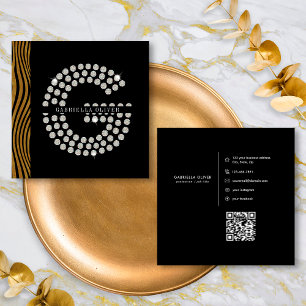 Carte De Visite Carré Code QR Monogramme Initiale G Diamant Or Noir Chic