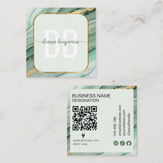 Carte De Visite Carré Code QR monogramme Or Vert Sauge Moderne (Devant / Derrière)
