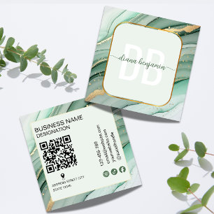 Carte De Visite Carré Code QR monogramme Or Vert Sauge Moderne