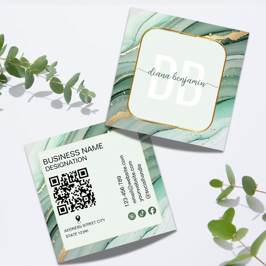 Carte De Visite Carré Code QR monogramme Or Vert Sauge Moderne