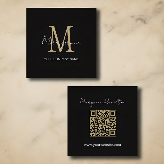 Carte De Visite Carré Code QR Monogramme Simple Noir