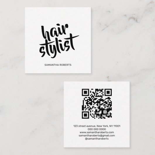Carte De Visite Carré Code QR noir blanc écriture coiffeur moderne  (Devant / Derrière)