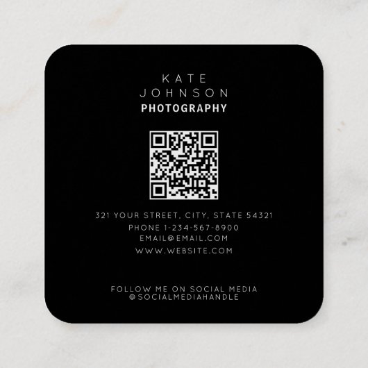 Carte De Visite Carré Code QR noir & blanc tendance stylish pleine photo (Dos)