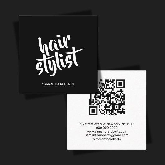 Carte De Visite Carré Code QR noir et blanc de script de coiffeur modern