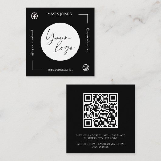 Carte De Visite Carré Code QR noir et blanc unique (Devant / Derrière)