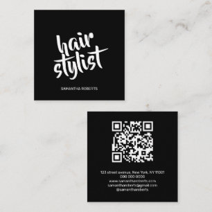 Carte De Visite Carré Code QR noir script coiffeur moderne