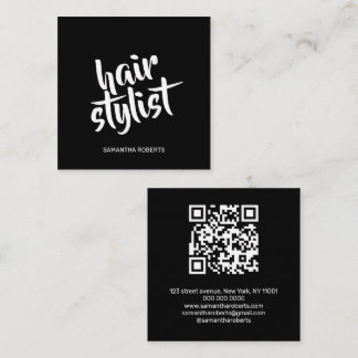 Carte De Visite Carré Code QR noir script coiffeur moderne