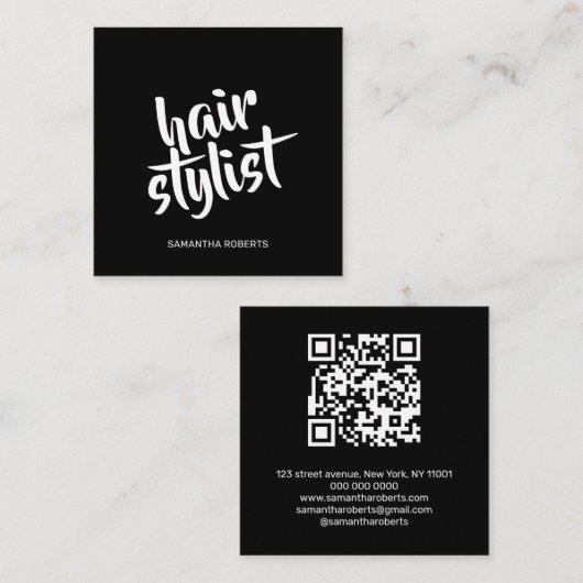 Carte De Visite Carré Code QR noir script coiffeur moderne (Devant / Derrière)