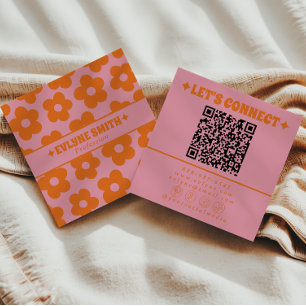 Carte De Visite Carré Code QR Orange Rose Rétro Floral Branché Amusant