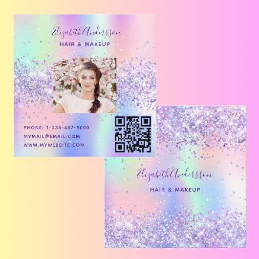 Carte De Visite Carré Code qr photo holographique rose violet