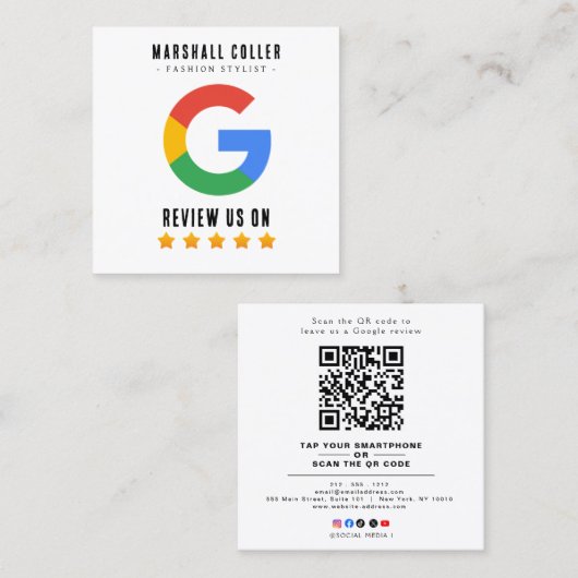 Carte De Visite Carré Code QR professionnel Avis Google  (Devant / Derrière)