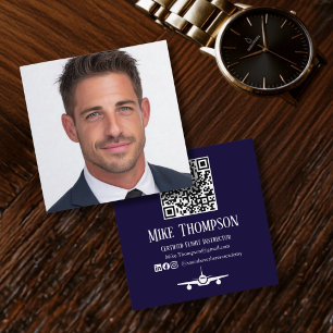 Carte De Visite Carré Code QR professionnel bleu et blanc Aviation