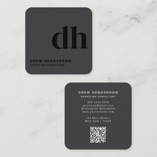 Carte De Visite Carré Code QR Professionnel Monogramme Noir (Devant / Derrière)