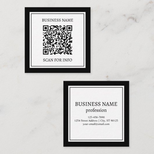 Carte De Visite Carré Code QR professionnel | Noir & Blanc (Devant / Derrière)