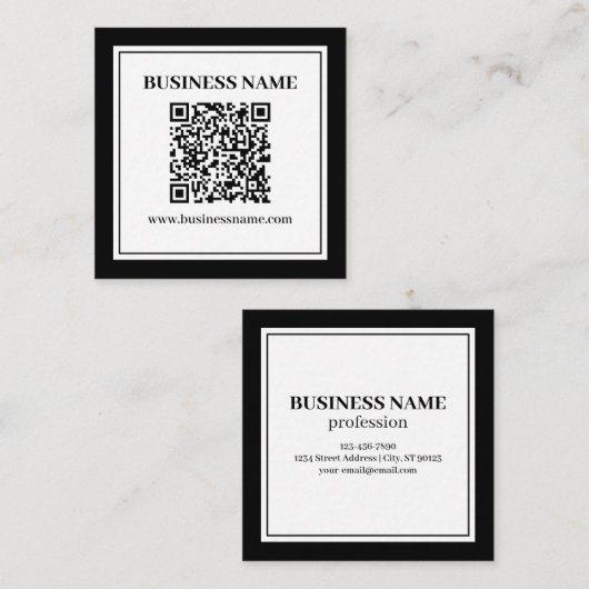 Carte De Visite Carré Code QR professionnel | Noir & Blanc (Devant / Derrière)
